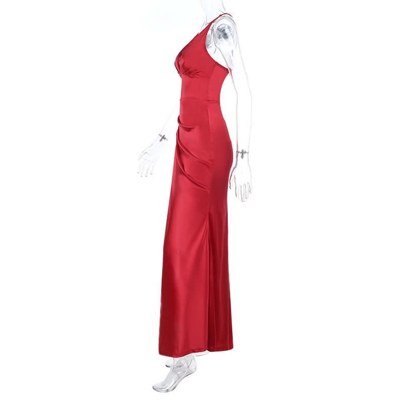 Show-Stopping Red Satin V-Neck Maxi Dress - Elegant Ruched Backless Gown for Holiday Parties & New Year's Eve