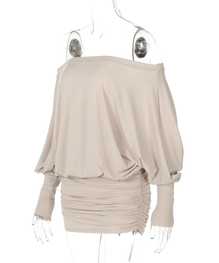 Effortless Chic: Off-Shoulder Dolman Sleeve Ruched Mini Dress – Perfect for Fall & Holiday Styling