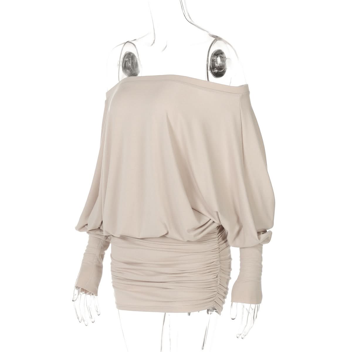 Effortless Chic: Off-Shoulder Dolman Sleeve Ruched Mini Dress – Perfect for Fall & Holiday Styling
