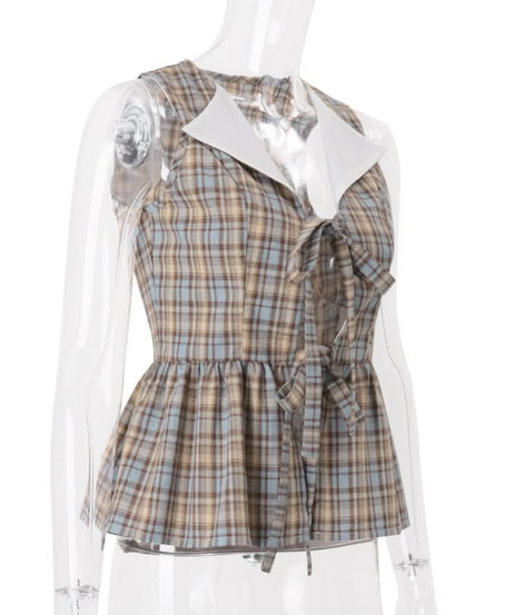 Chic Autumn Plaid Peplum Top – Sweet Peter Pan Collar & Bow Tie