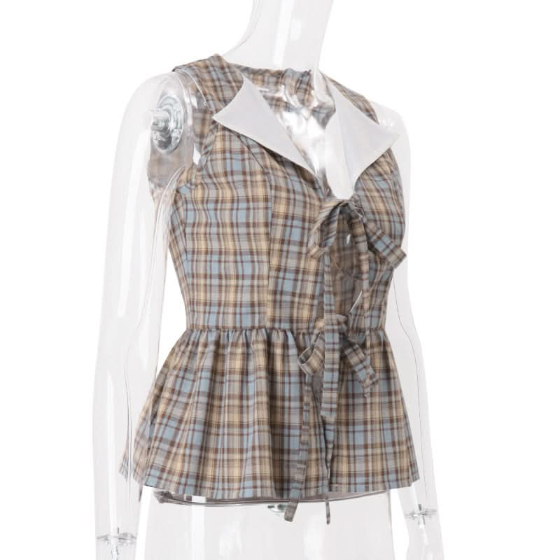 Chic Autumn Plaid Peplum Top – Sweet Peter Pan Collar & Bow Tie