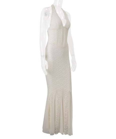 Ivory Lace Halter Mermaid Maxi Dress - Elegant Bridal & Resort Wear for Fall & Winter