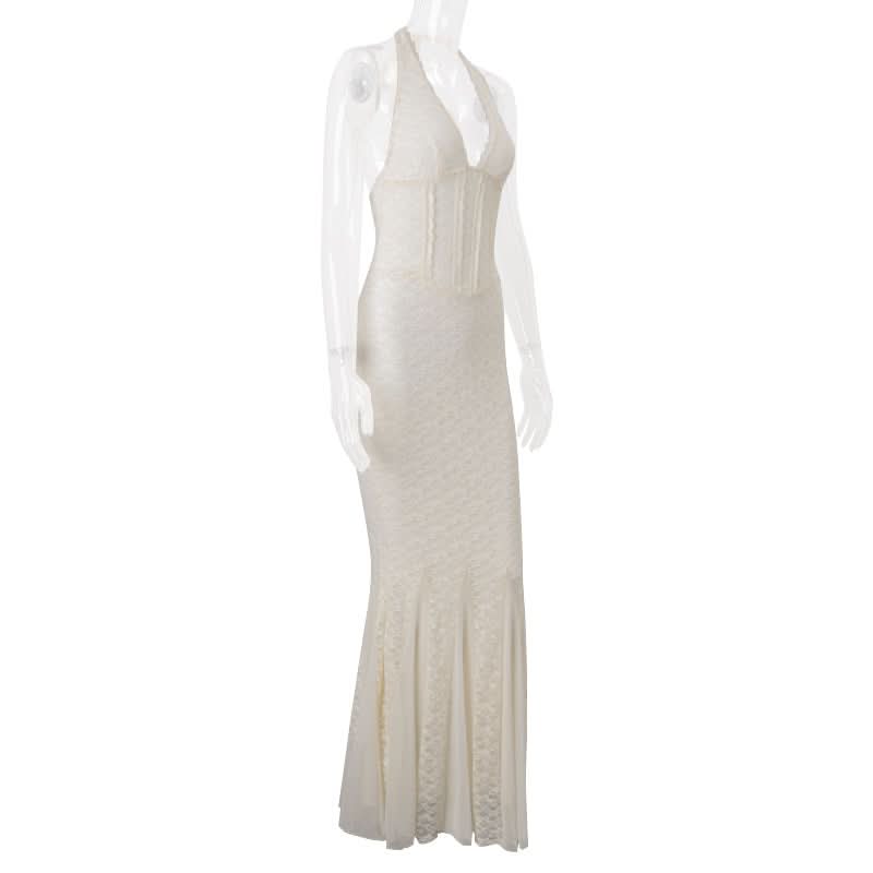 Ivory Lace Halter Mermaid Maxi Dress - Elegant Bridal & Resort Wear for Fall & Winter