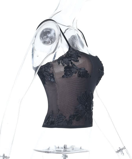 Sultry Black Floral Embroidered Mesh Cami Top – Autumn Evenings & Holiday Season Essential