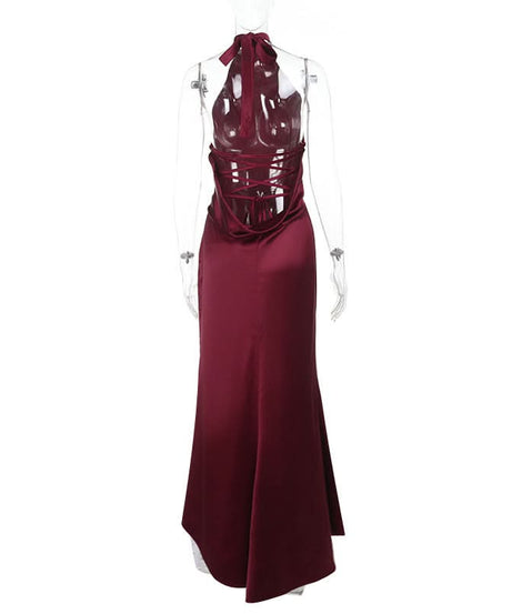 Chic Wine Red Satin Halter Maxi Dress - Elegant Backless Gown for Fall & Holiday Season