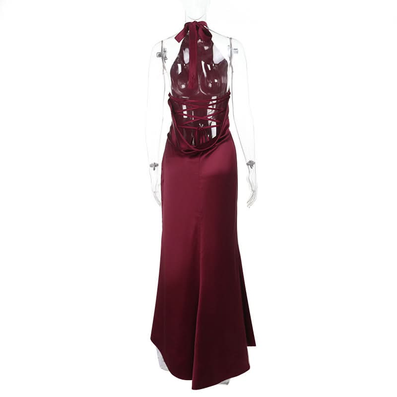 Chic Wine Red Satin Halter Maxi Dress - Elegant Backless Gown for Fall & Holiday Season