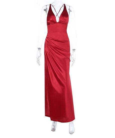 Show-Stopping Red Satin V-Neck Maxi Dress - Elegant Ruched Backless Gown for Holiday Parties & New Year's Eve