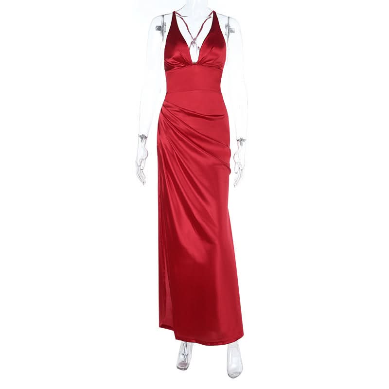 Show-Stopping Red Satin V-Neck Maxi Dress - Elegant Ruched Backless Gown for Holiday Parties & New Year's Eve