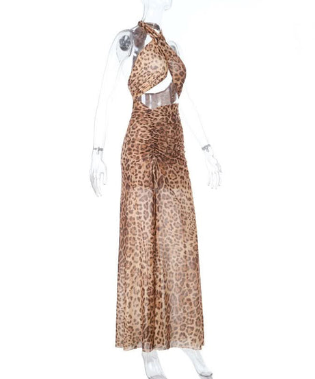 Unleash Your Wild Side: Daring Leopard Print Halter Cut-Out Maxi Dress - Perfect for Fall Parties & Holiday Getaways