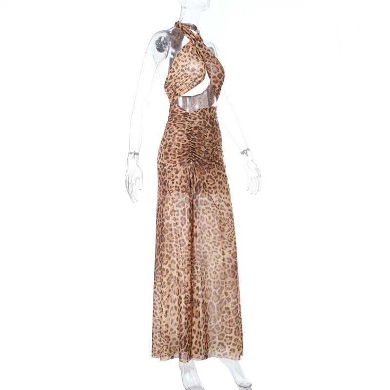 Unleash Your Wild Side: Daring Leopard Print Halter Cut-Out Maxi Dress - Perfect for Fall Parties & Holiday Getaways