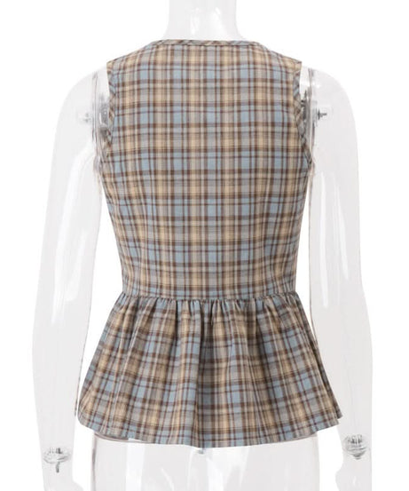 Chic Autumn Plaid Peplum Top – Sweet Peter Pan Collar & Bow Tie