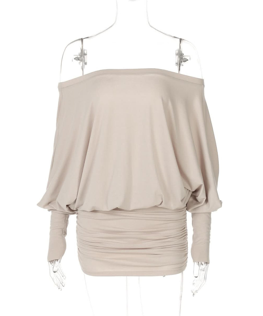 Effortless Chic: Off-Shoulder Dolman Sleeve Ruched Mini Dress – Perfect for Fall & Holiday Styling