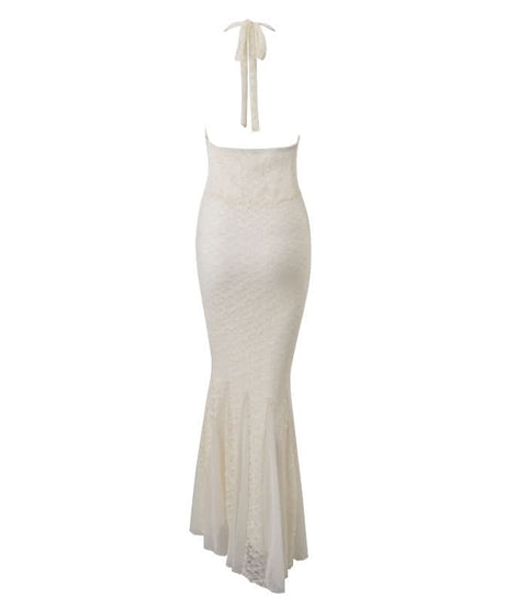 Ivory Lace Halter Mermaid Maxi Dress - Elegant Bridal & Resort Wear for Fall & Winter