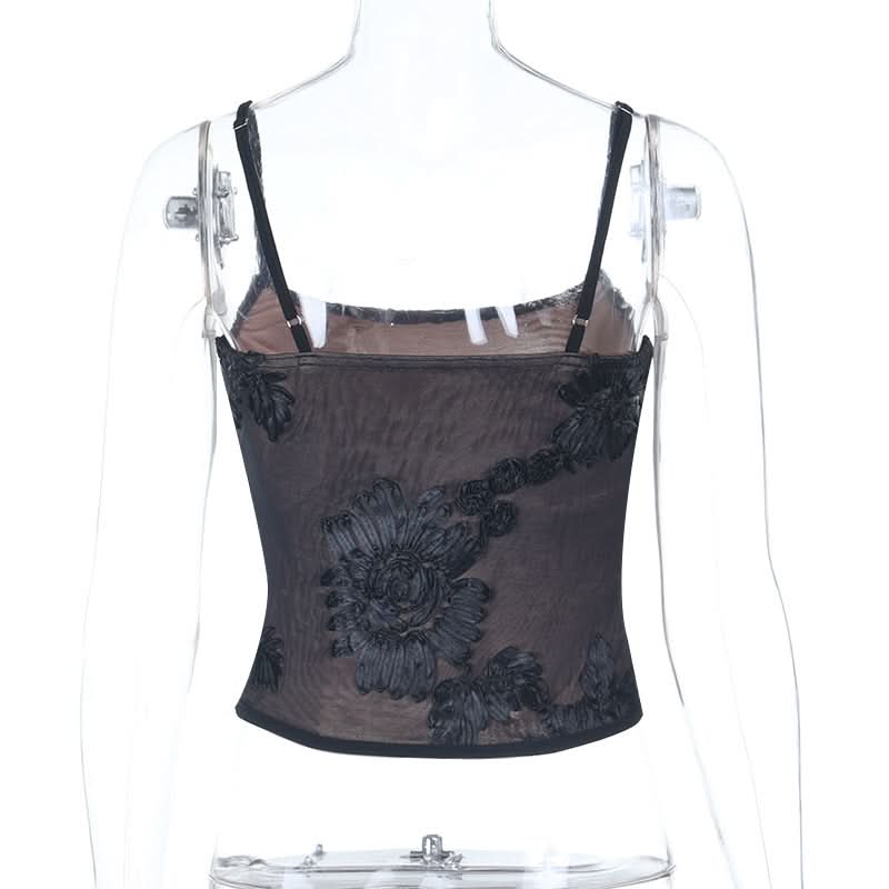 Sultry Black Floral Embroidered Mesh Cami Top – Autumn Evenings & Holiday Season Essential