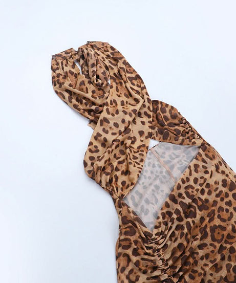 Unleash Your Wild Side: Daring Leopard Print Halter Cut-Out Maxi Dress - Perfect for Fall Parties & Holiday Getaways