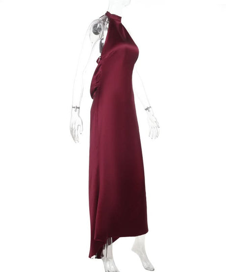 Chic Wine Red Satin Halter Maxi Dress - Elegant Backless Gown for Fall & Holiday Season