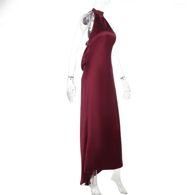 Chic Wine Red Satin Halter Maxi Dress - Elegant Backless Gown for Fall & Holiday Season