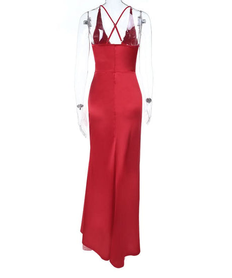 Show-Stopping Red Satin V-Neck Maxi Dress - Elegant Ruched Backless Gown for Holiday Parties & New Year's Eve