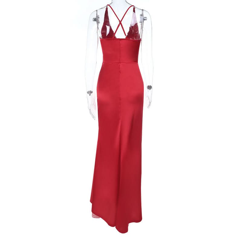 Show-Stopping Red Satin V-Neck Maxi Dress - Elegant Ruched Backless Gown for Holiday Parties & New Year's Eve
