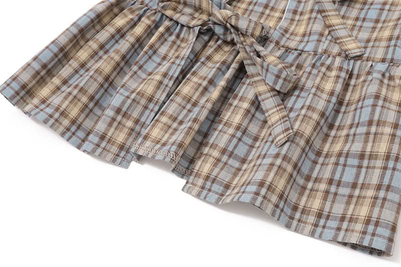 Chic Autumn Plaid Peplum Top – Sweet Peter Pan Collar & Bow Tie