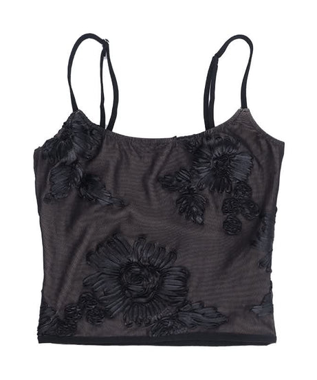 Sultry Black Floral Embroidered Mesh Cami Top – Autumn Evenings & Holiday Season Essential