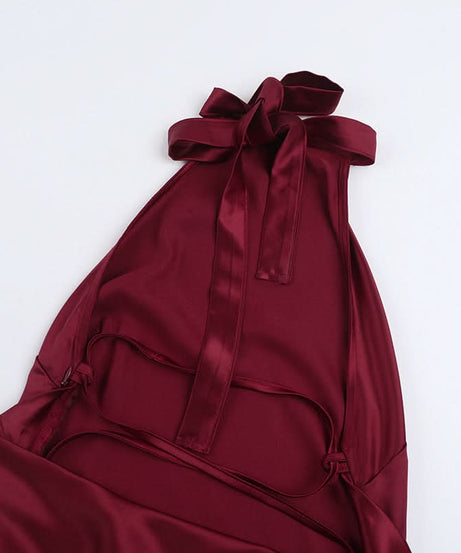 Chic Wine Red Satin Halter Maxi Dress - Elegant Backless Gown for Fall & Holiday Season
