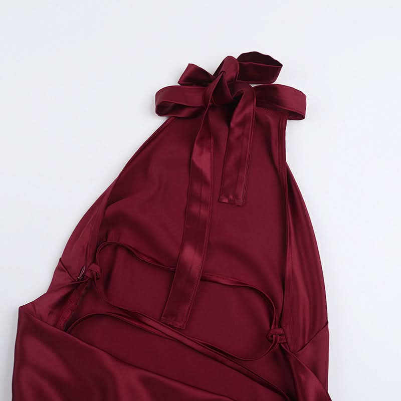 Chic Wine Red Satin Halter Maxi Dress - Elegant Backless Gown for Fall & Holiday Season