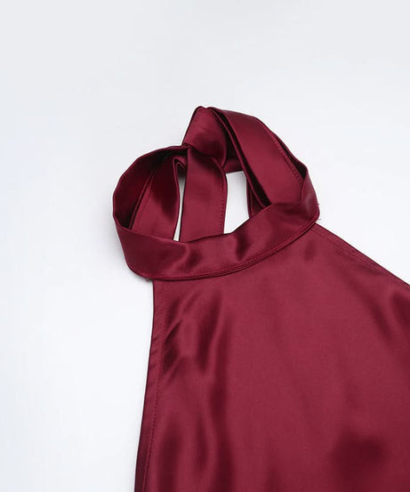 Chic Wine Red Satin Halter Maxi Dress - Elegant Backless Gown for Fall & Holiday Season