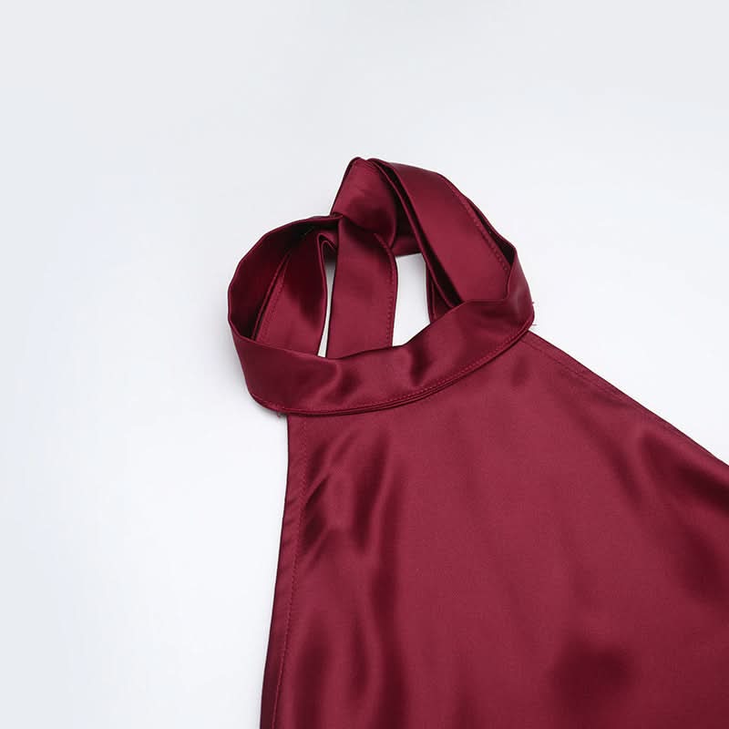 Chic Wine Red Satin Halter Maxi Dress - Elegant Backless Gown for Fall & Holiday Season