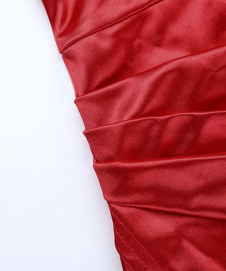 Show-Stopping Red Satin V-Neck Maxi Dress - Elegant Ruched Backless Gown for Holiday Parties & New Year's Eve