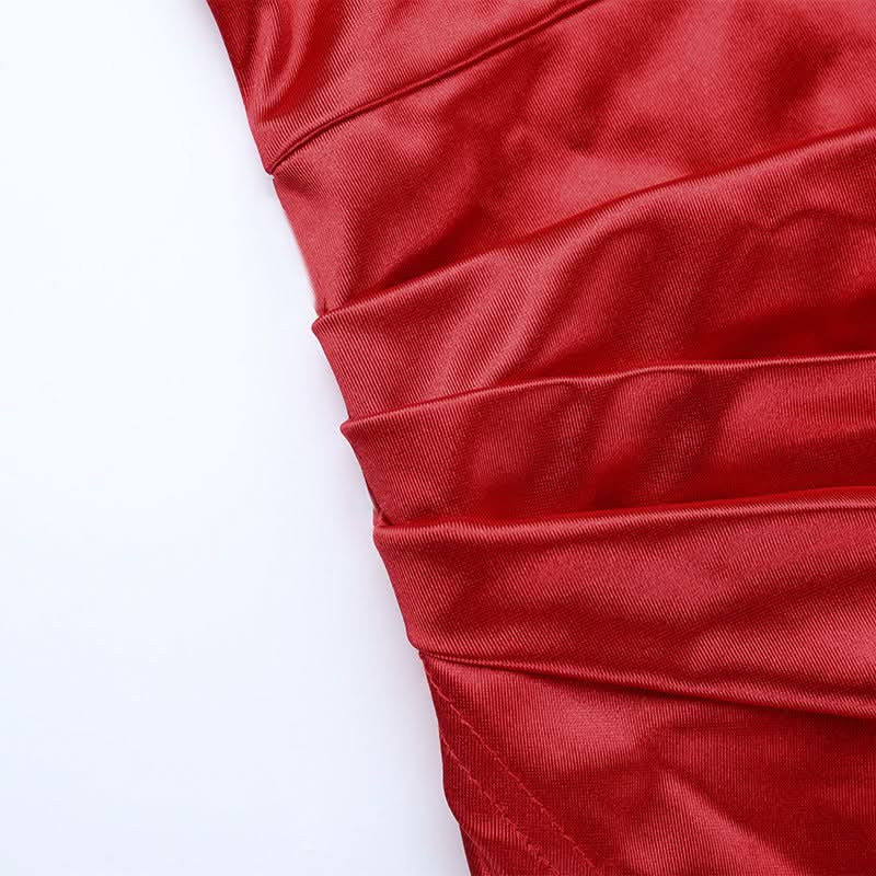 Show-Stopping Red Satin V-Neck Maxi Dress - Elegant Ruched Backless Gown for Holiday Parties & New Year's Eve