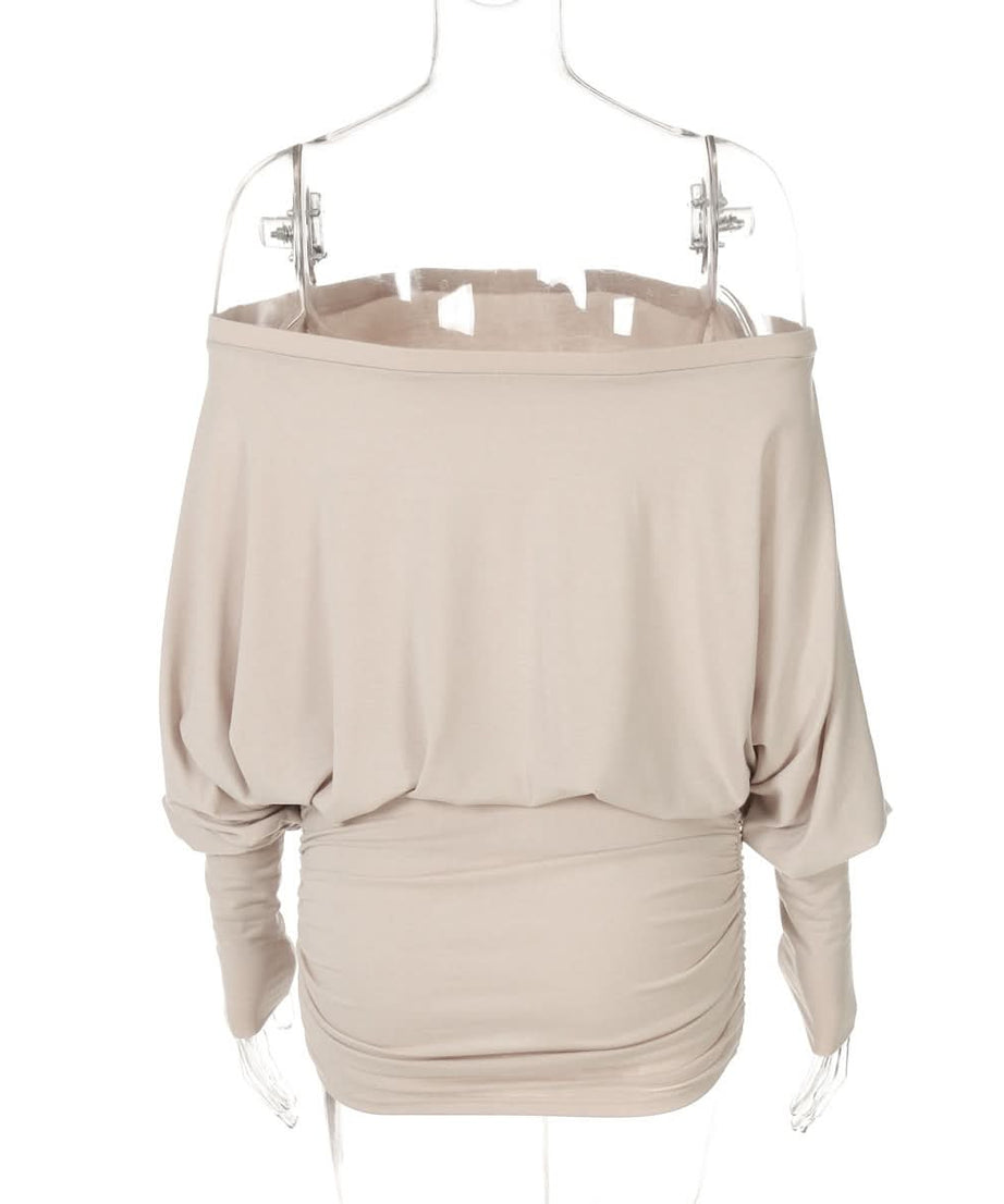 Effortless Chic: Off-Shoulder Dolman Sleeve Ruched Mini Dress – Perfect for Fall & Holiday Styling