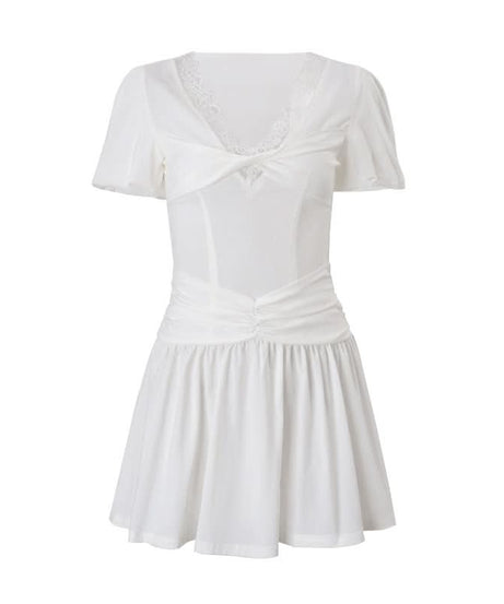 Effortless Chic White Mini Dress: Lace V-Neck, Puff Sleeves & Ruched Waist for Holiday & Resort Style