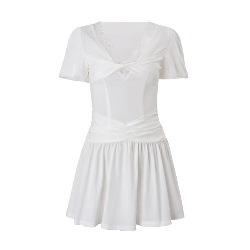Effortless Chic White Mini Dress: Lace V-Neck, Puff Sleeves & Ruched Waist for Holiday & Resort Style