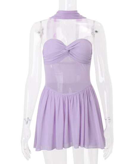 Lavender Haze Sweetheart Halter Mini Dress - Chic Sheer Panel & Backless Glam for Fall Parties