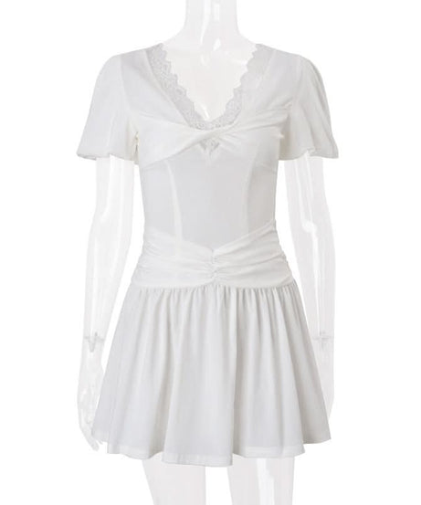 Effortless Chic White Mini Dress: Lace V-Neck, Puff Sleeves & Ruched Waist for Holiday & Resort Style