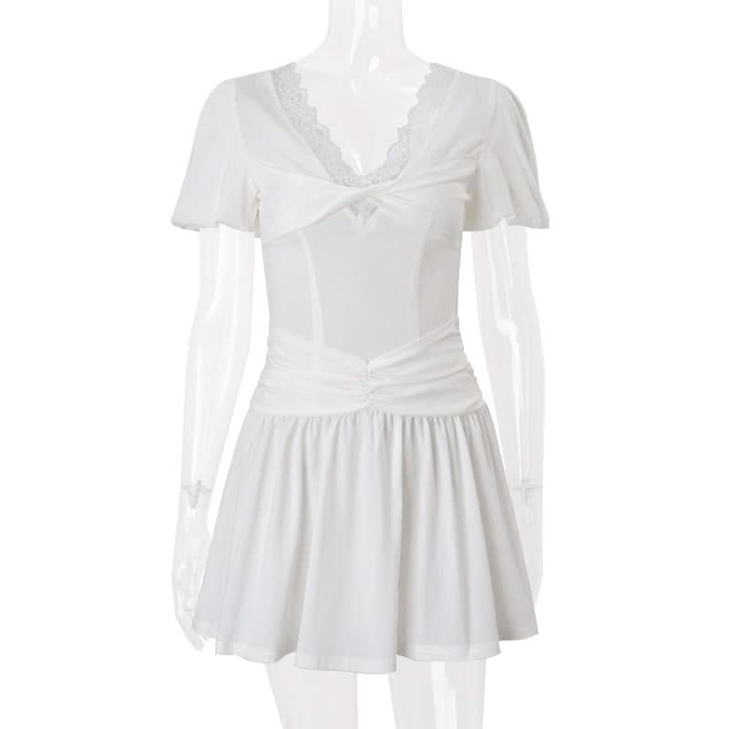 Effortless Chic White Mini Dress: Lace V-Neck, Puff Sleeves & Ruched Waist for Holiday & Resort Style