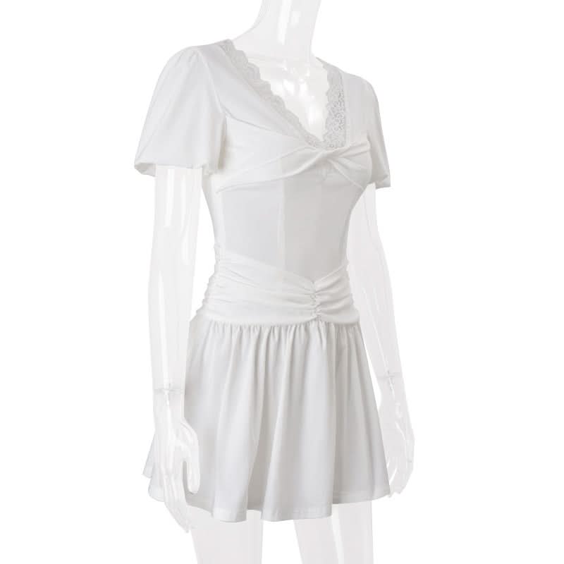 Effortless Chic White Mini Dress: Lace V-Neck, Puff Sleeves & Ruched Waist for Holiday & Resort Style