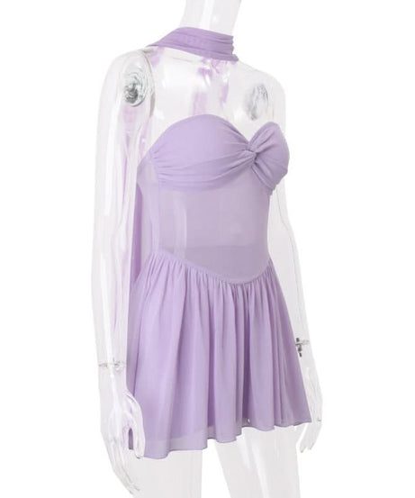 Lavender Haze Sweetheart Halter Mini Dress - Chic Sheer Panel & Backless Glam for Fall Parties