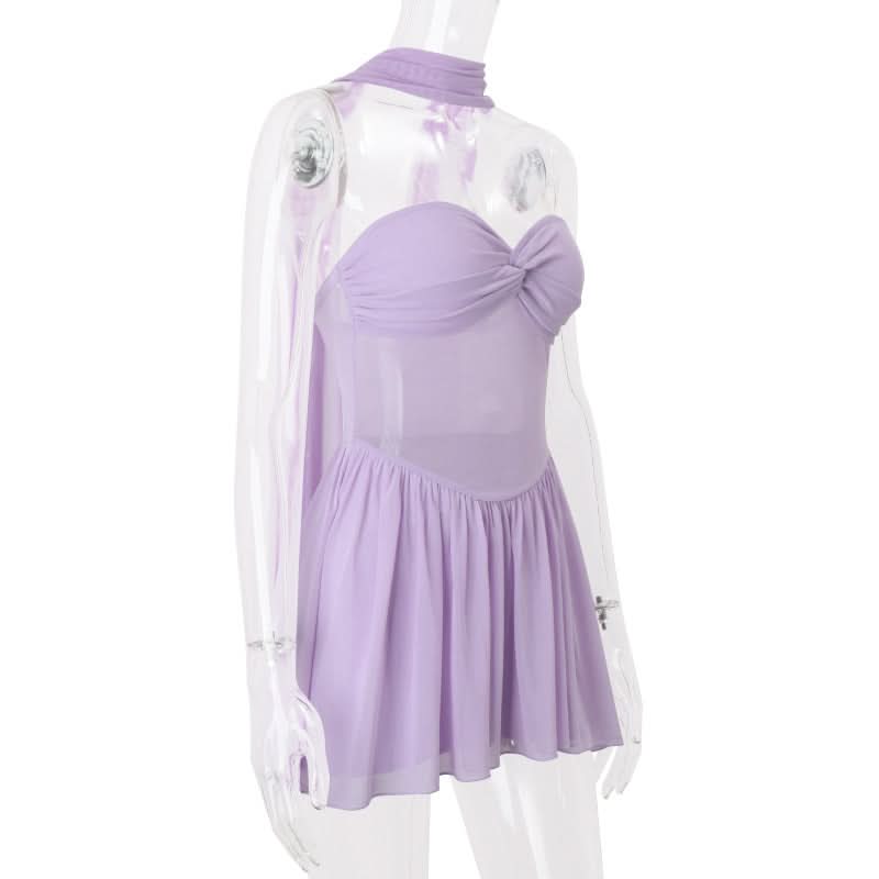 Lavender Haze Sweetheart Halter Mini Dress - Chic Sheer Panel & Backless Glam for Fall Parties