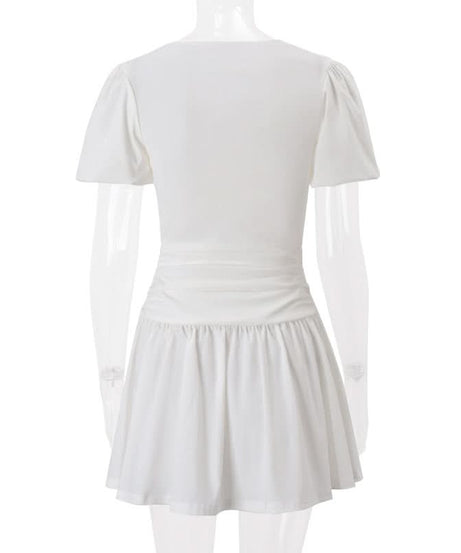 Effortless Chic White Mini Dress: Lace V-Neck, Puff Sleeves & Ruched Waist for Holiday & Resort Style