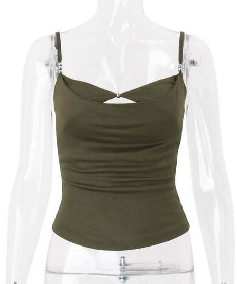Autumn Chic: Olive Green Twisted Front Cami with Metallic Detail – Your Perfect Fall Layering Top