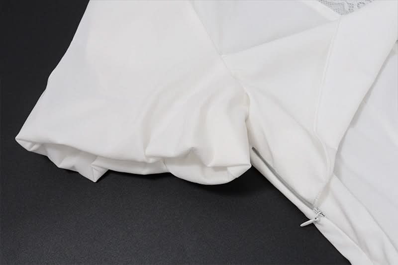 Effortless Chic White Mini Dress: Lace V-Neck, Puff Sleeves & Ruched Waist for Holiday & Resort Style