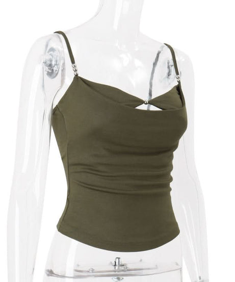 Autumn Chic: Olive Green Twisted Front Cami with Metallic Detail – Your Perfect Fall Layering Top