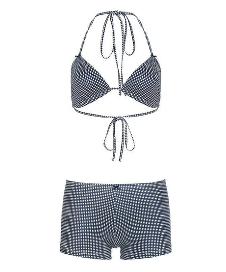 Chic Gingham Halter Bikini & Boxer Shorts Set – Perfect for Fall Getaways & Luxe Lounging