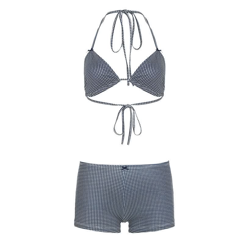 Chic Gingham Halter Bikini & Boxer Shorts Set – Perfect for Fall Getaways & Luxe Lounging