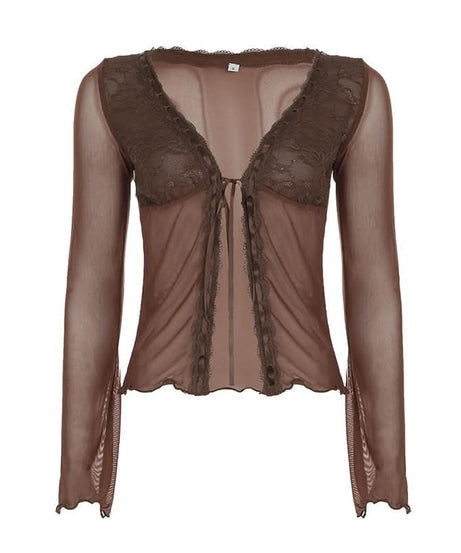 Fall Fairycore Sheer Mesh Tie-Front Top | Romantic Lace Trim Long Sleeve Blouse