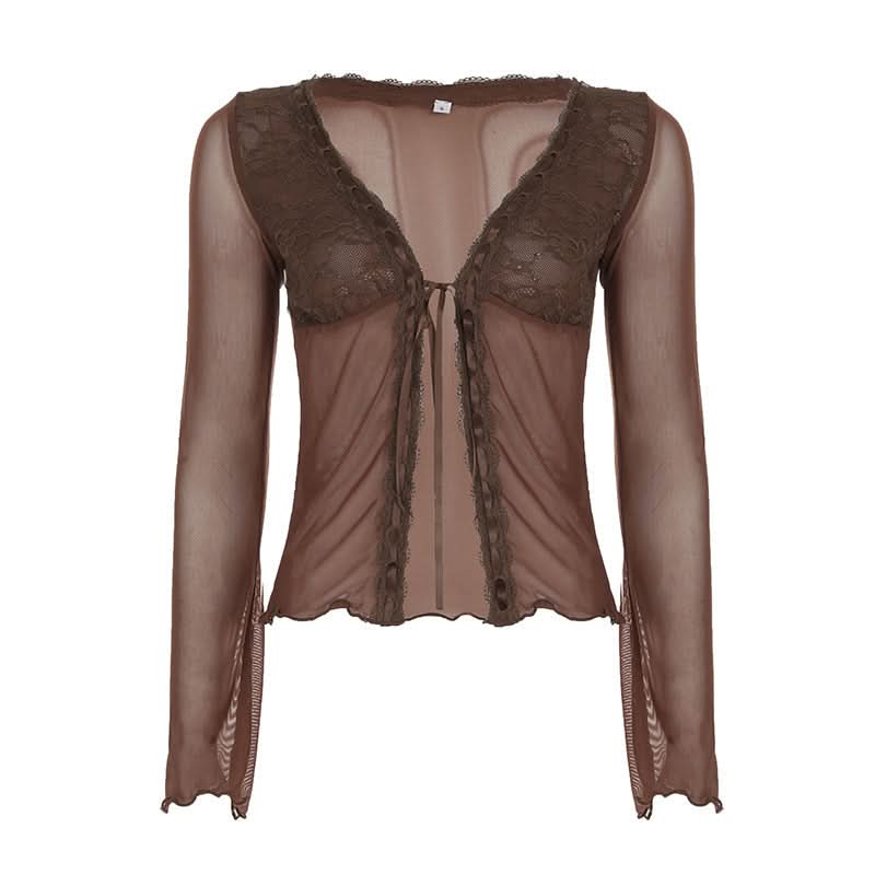 Fall Fairycore Sheer Mesh Tie-Front Top | Romantic Lace Trim Long Sleeve Blouse