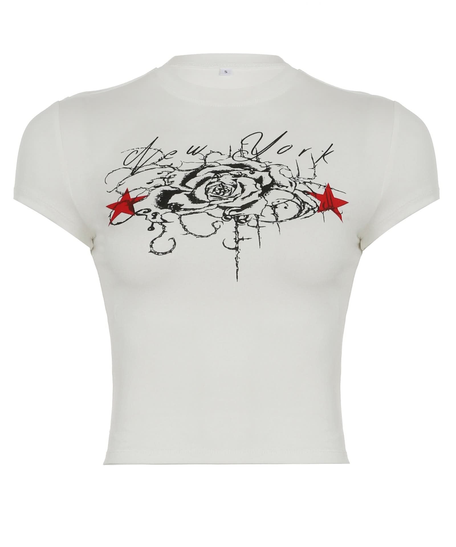 New York Rose & Red Star Graphic Fitted Tee - Women's Edgy Y2K Street Style Top