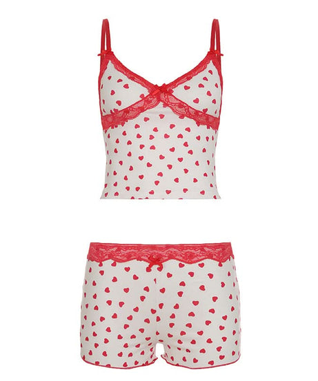 Cozy Sweetheart Heart Print Cami & Shorts Pajama Set | Dreamy Lace Loungewear for Fall Nights